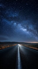 Night Road Under Milky Way Asphalt Leading to Horizon Amidst Vast Starry Expanse