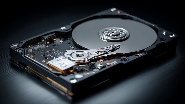Open Hard Drive with Silver Platter, Actuator Arm and Visible Circuit Board Details - Powered by Adobe