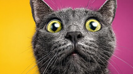 Surprised Grey Cat Portrait Wide Yellow Eyes Colorful Background