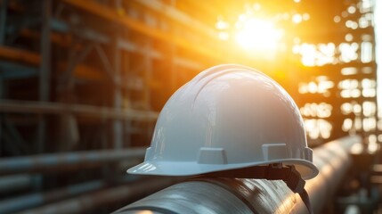 A safety helmet rests on a pipeline, illuminated by the warm glow of the sunset, symbolizing safety and industrial strength.