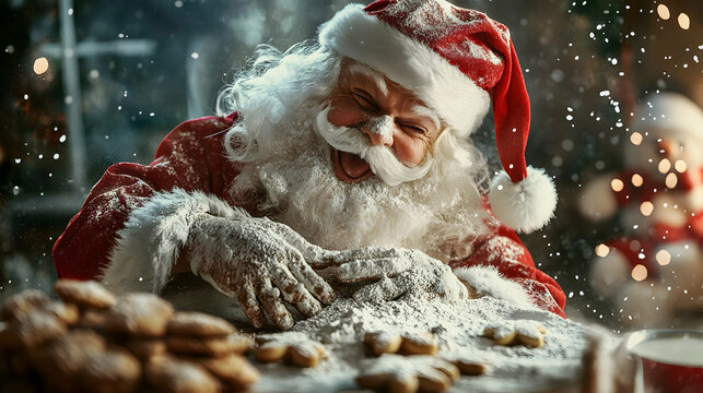 Jolly Santa Claus, covered in flour, joyfully bakes Christmas cookies. A festive scene filled with warmth and holiday spirit!