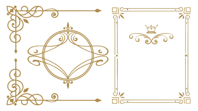 Elegant gold decorative flourishes and ornate borders with crown emblem