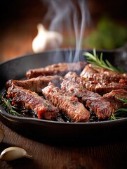 Juicy grilled beef steaks cooking on a hot skillet with herbs and steam rising in a cozy rustic kitchen setting