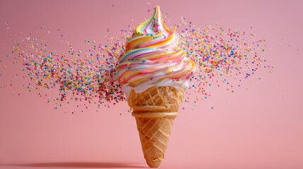 Rainbow swirl ice cream cone with sprinkles, fun and colorful, isolated on soft pink background