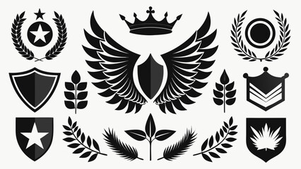 Fototapeta premium Collection of heraldic shields crests crowns wings laurel wreaths and emblems