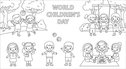 Obraz premium Diverse group of happy cartoon children playing together outdoors isolated on transparent background