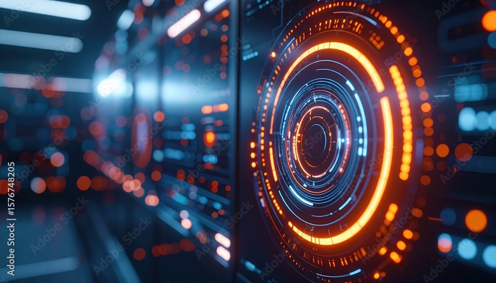 Poster high tech cyber security data network digital interface with circular hud elements and glowing digit