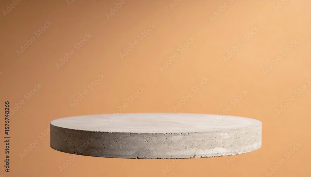 Poster minimalist round concrete platform floating on a plain orange background with soft lighting creating
