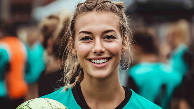 Smiling soccer player with a ball portrait eps