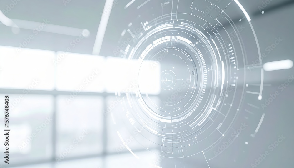 Poster futuristic digital interface with circular holographic elements and glowing tech graphics in a moder