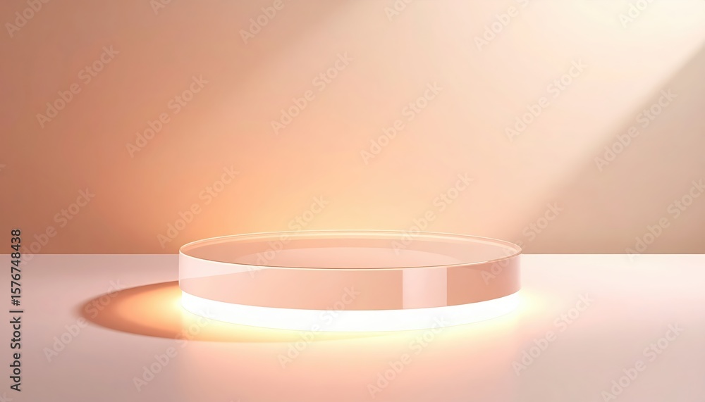 Poster minimalist round platform or display stand with glowing warm light in a clean modern space with grad