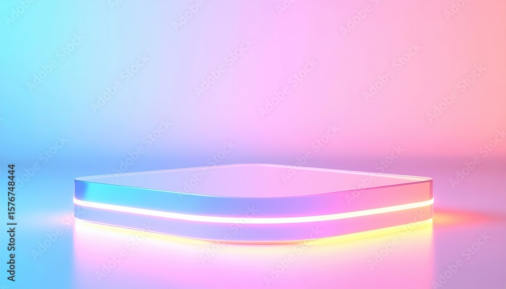 Poster vibrant colorful illuminated curved platform with glowing led lights and smooth gradient background 