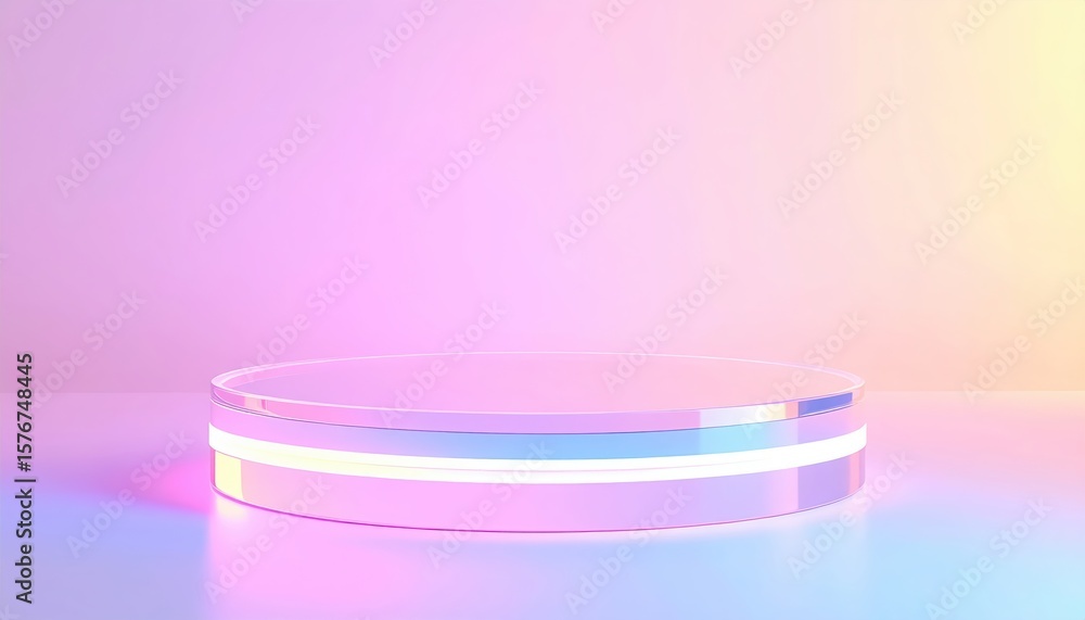 Poster minimalist pastel gradient background with illuminated circular platform in soft pink purple and yel