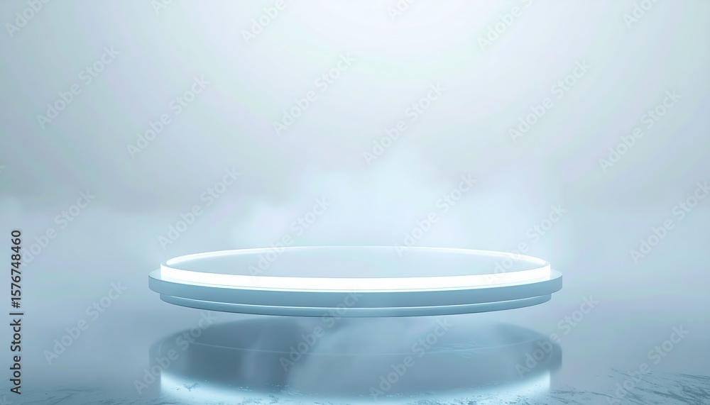 Poster futuristic circular platform floating on smooth reflective surface with misty background, minimalist