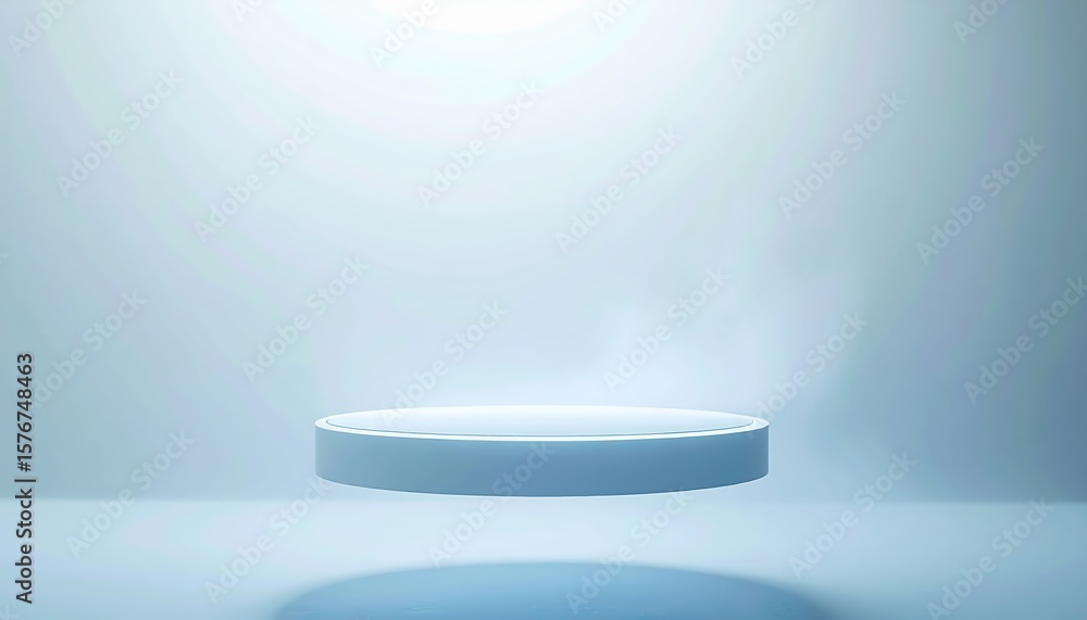 Poster minimalist studio scene with illuminated empty round pedestal platform in soft blue tones perfect fo