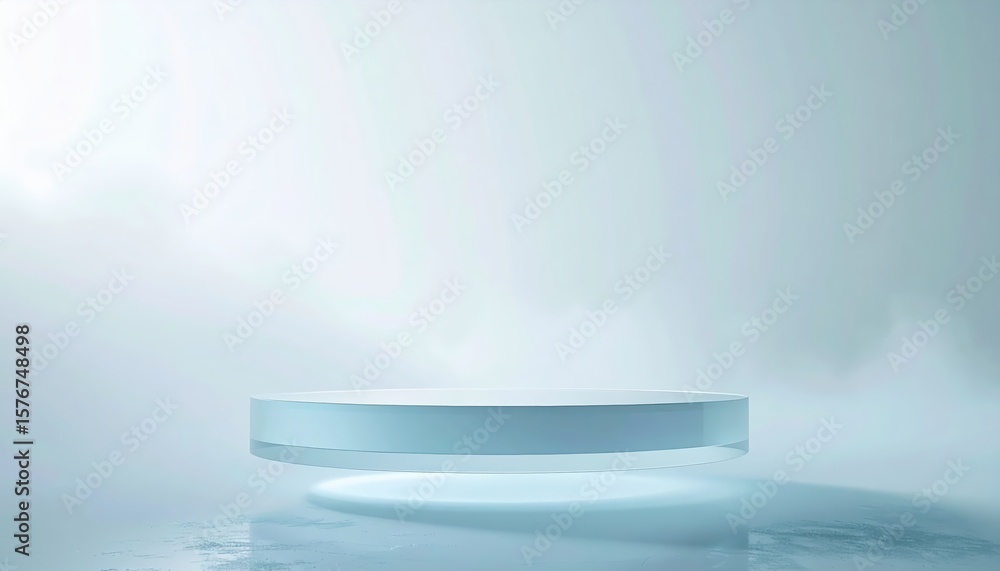 Poster modern minimalist light blue circular stage platform with soft shadow in bright diffuse studio for p