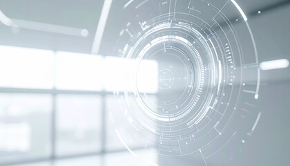 Obraz premium Futuristic digital interface with circular holographic elements and glowing tech graphics in a modern clean environment representing advanced technology