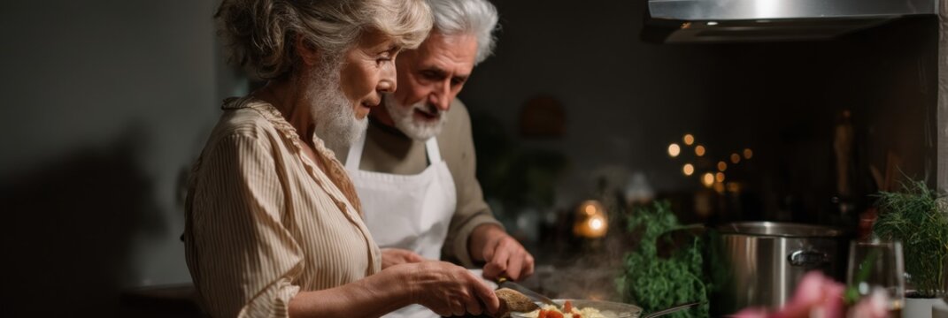 Senior couple cooking together in cozy kitchen, emphasizing teamwork and intimacy