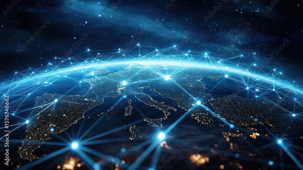 Poster a stunning digital representation of earth's connectivity, showcasing a globe illuminated by network
