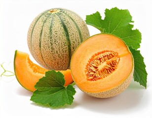 Cantaloupe melon halves slice and leaves on white background fruit summer
