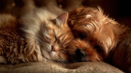 Orange cat and small dog sleeping together cozy friends