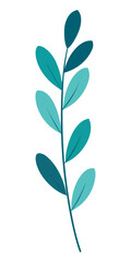 Minimalist illustration of a teal branch with alternating leaves on a white background