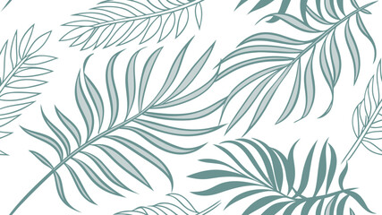 Seamless pattern of teal palm leaves on a white background