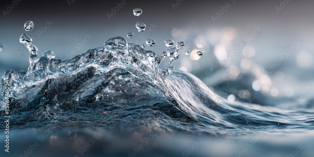 Poster close-up of clear water splash with droplets and waves in motion for refreshing and natural aquatic 