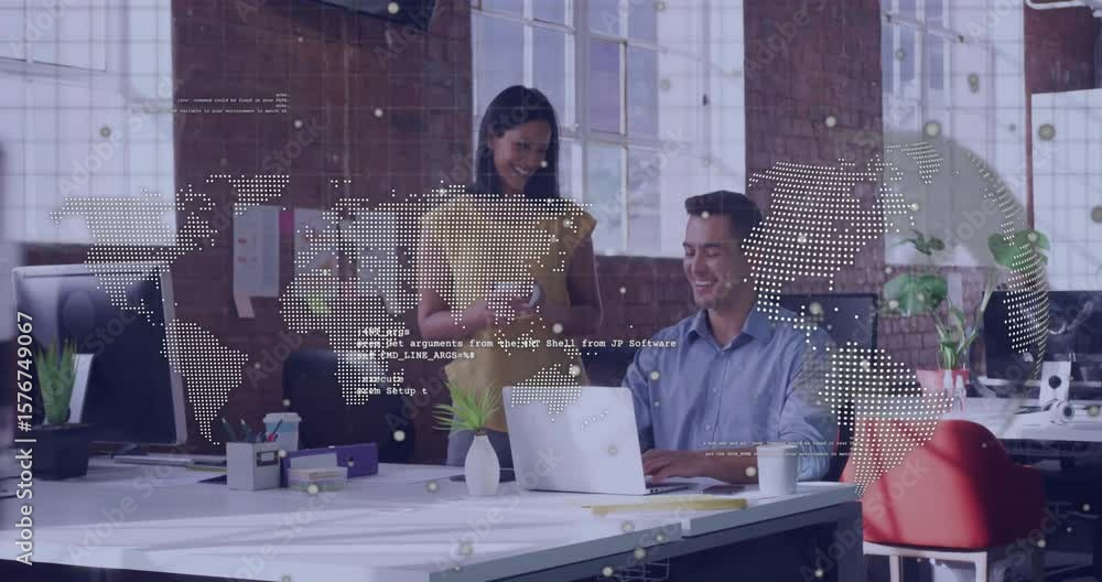 Poster developer greeting coworker and collaborating on code for review with animated world map overlay