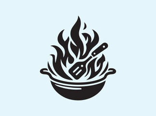 Minimalist black frying pan with utensils and flame icon