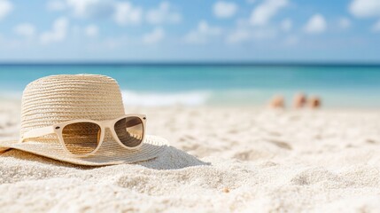 A stylish straw hat with sunglasses rests on pristine beach sand, evoking a perfect summer day by the sea.