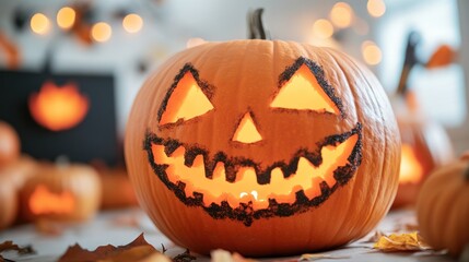 Fototapeta premium A vibrant carved pumpkin with a spooky face, perfect for Halloween celebrations and autumn festivities.
