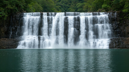 Fototapeta premium Cascading waterfall surrounded by lush green forest flows into calm river, creating peaceful natural scene
