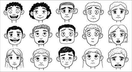 Collection of diverse black and white cartoon faces depicting a range of human emotions and facial expressions, ideal for character design and emotion study.