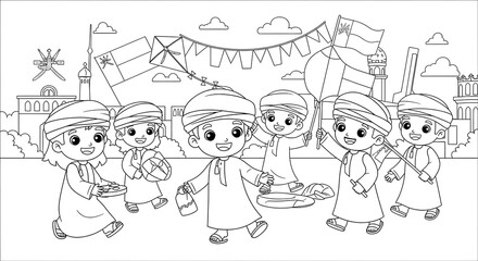 Naklejka premium Children celebrating national holiday with flags and kites isolated on transparent background