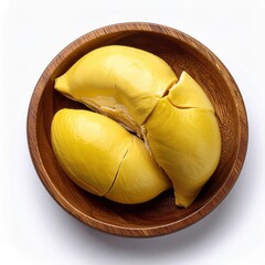 Durian fruit segments in a wooden bowl overhead view yellow tropical fruit