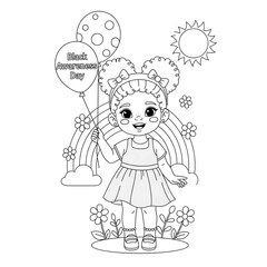 Fototapeta premium Cute cartoon girl holding balloons with black awareness day message isolated on transparent background