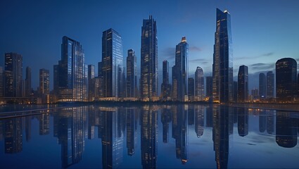 Fototapeta premium City Skyline at Dusk with Reflections in Water cityscape