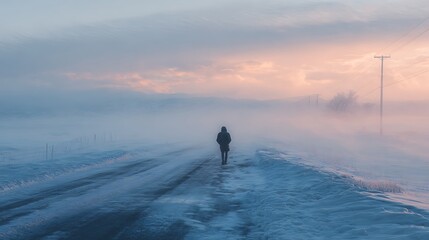 Solitary Figure Walking on Snowy Road in Blizzard, Dramatic Winter Landscape at Sunrise or Sunset