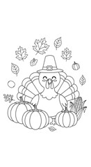 Cute cartoon turkey wearing a pilgrim hat surrounded by pumpkins and leaves isolated on transparent background