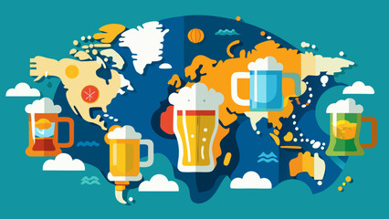 Global beer mugs with world map illustration celebrating international beverage culture