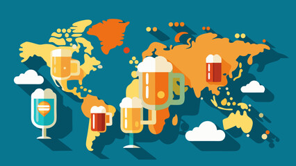 Global beer consumption illustrated with stylized beer mugs placed on a world map