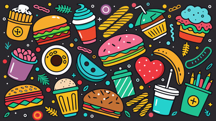 Obraz premium Vibrant cartoon fast food and treats collection on a dark background