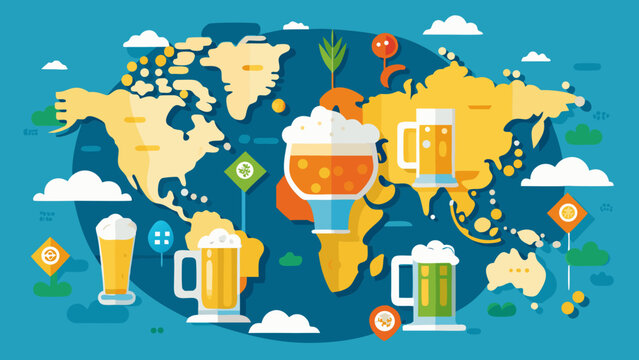 Global beer consumption and production across the world map with various beer glasses