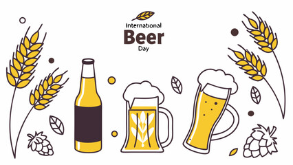 International beer day celebration with stylized beer bottles and mugs and wheat
