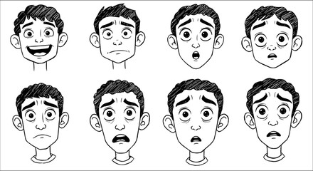 Cartoon Male Faces Expressing Diverse Emotions: Happy, Surprised, Fearful, Sad, and Anxious - Hand-Drawn Black and White Set of 8 Expressions.