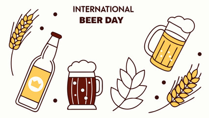 International beer day celebration with beer bottles mugs and barley illustrations