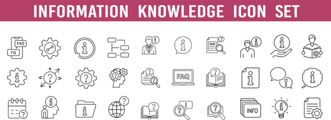 Information Knowledge Sharing  icon set. information, info, icon, line, cognition, faq, search, guidance, vector set .