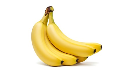 Ripe bananas bunch, vibrant yellow fruit against a clean white background, studio shot.