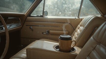 "Interior of a classic car with a coffee cup in the cupholder, raindrops on the window, soft background blur, peaceful rainy day vibe — ultra realistic"
